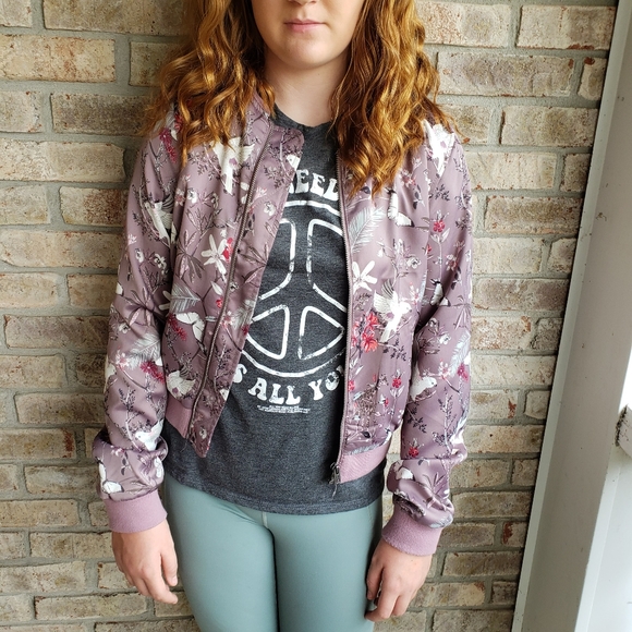 Aeropostale Purple Floral Satin Bomber Jacket M - Picture 3 of 16